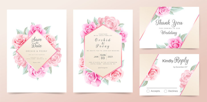 Elegant rose gold wedding invitation card template set with watercolor flowers frame and golden border