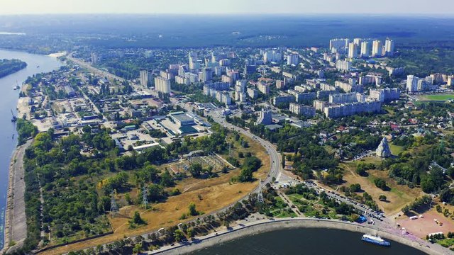 Vyshgorod aerial view. City with hydroelectric power station near Kiev. Vyshhorod at the summer 4k