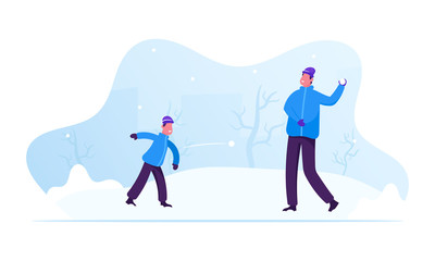 Winter Season Outdoors Leisure and Activities. Happy Family Young Father and Little Son Playing Snowballs on Street. People Have Fun Christmas and New Year Holidays. Cartoon Flat Vector Illustration