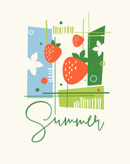 Modern abstract Summer design for cards, calendars, t-shirt graphics. Retro design of strawberries, foliage and abstract shapes.
