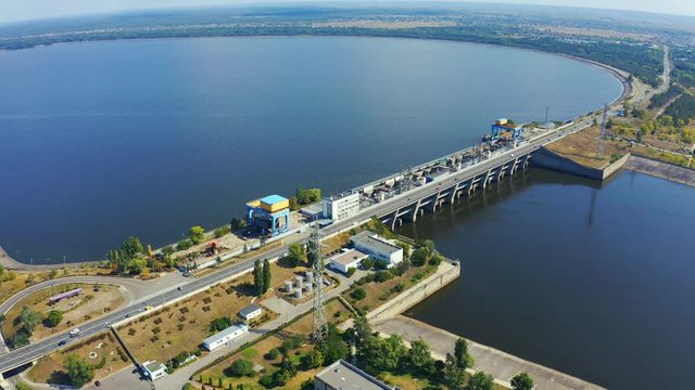 Kiev Hydroelectric Station. Power plant on the Dnieper River in Vyshgorod, Ukraine. Aerial footage 4k