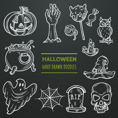 Set of halloween icons in doodle style. Chalk sketches with traditional symbols of halloween. Scary hand drawn illustration . Decoration elements for party invitation, greeting card, cafe, menu, bar.