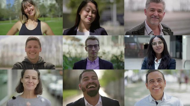 Smiling faces of happy multiethnic people posing. Multiscreen montage, split screen collage. Ethnicity variation concept