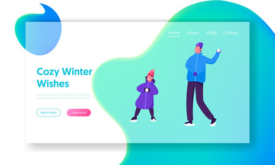 Christmas and New Year Holidays Website Landing Page. Winter Season Outdoor Leisure and Activities. Happy Family Father and Daughter Playing Snowballs Web Page Banner. Cartoon Flat Vector Illustration