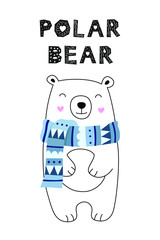 Cute polar bear in scandinavian style. Hand drawing. Children illustration for postcards, posters, t-shirt prints. Vector illustration.