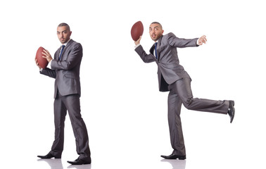 Man with american football ball isolated on white
