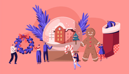 Christmas Holidays Celebration Concept with Tiny People Characters Decorate Home, Prepare Presents, Souvenirs and Treats for Xmas Celebration. Winter Festive Season. Cartoon Flat Vector Illustration