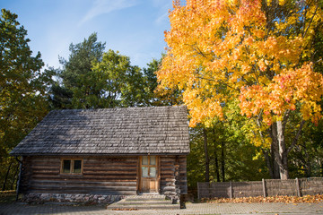 Old wooden house in autumn park. Sunny autumn day.