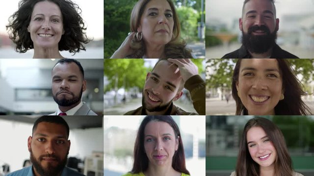Group of confident cheerful people standing on street. Multiscreen montage, split screen collage. Citizens looking at camera. Concept of confidence