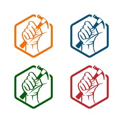Creative abstract hand holding hammer vector logo design template element. Colorful concept icon.EPS 10