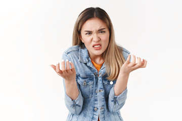 Girl swearing cursing cruel unfair life losing chance participate event. Upset intense annoyed...