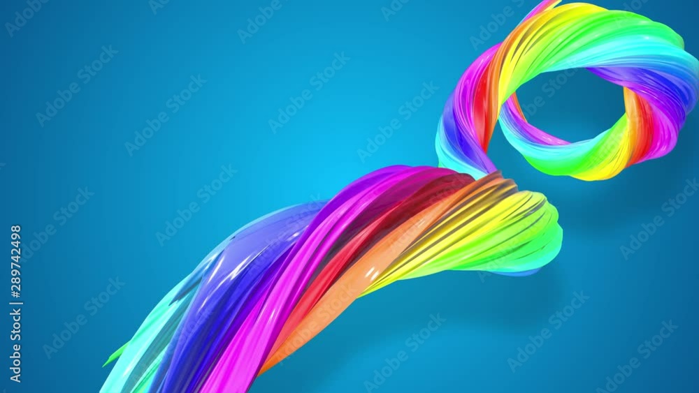 Poster abstract background with rainbow color stripes that moving in a spiral and shiny on blue background 
