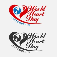 World heart day with red, blue, dark grey heart and world sign vector design