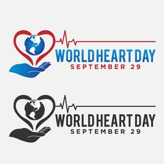 World heart day with red, blue, dark grey heart and world sign vector design