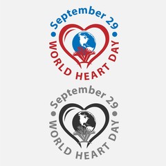 World heart day with red, blue, dark grey heart and world sign vector design