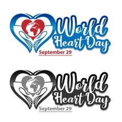 World heart day with red, blue, dark grey heart and world sign vector design