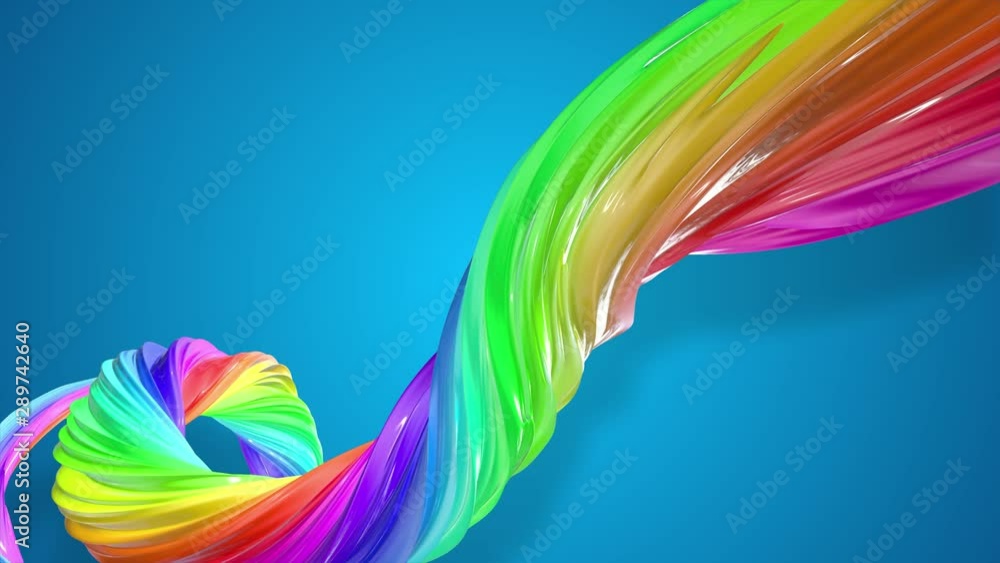 Poster abstract background with rainbow color stripes that moving in a spiral and shiny on blue background 