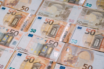 Euro money. Banknotes background for design. Many euro banknotes piled together. Economy concept.