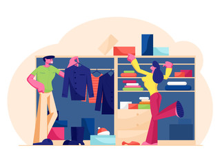 Couple of Man and Woman Stand at Wardrobe at Home Choosing Dress and Footwear Hanging and Lying on Shelves for Going Out. Domestic Storage and Organize Clothes System Cartoon Flat Vector Illustration