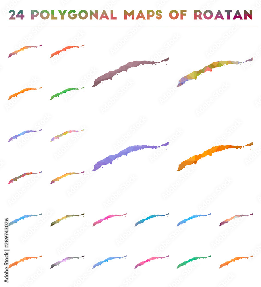 Poster set of vector polygonal maps of roatan. bright gradient map of island in low poly style. multicolore