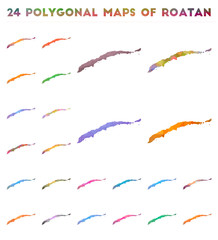 Fototapeta premium Set of vector polygonal maps of Roatan. Bright gradient map of island in low poly style. Multicolored Roatan map in geometric style for your infographics.