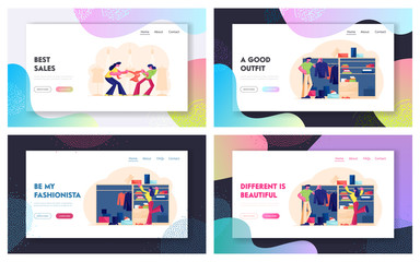 Sale Fight and Wardrobe Home System Website Landing Page. Girls Fighting for Dress in Store. Young Couple Choose Dressing at Home Closet Organizer Web Page Banner. Cartoon Flat Vector Illustration