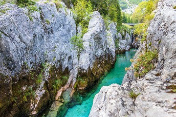 View on the Grand Canyon of Soca River. In the Triglav National Park near Bovec, Gorizia, Slovenia, Europe.