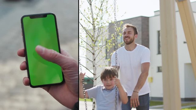 Footage for animation, logo, final shot. Multiscreen footage, left part - hand man use phone with green vertical screen on street at sunset, right part - father pushes son in swing. Slow motion