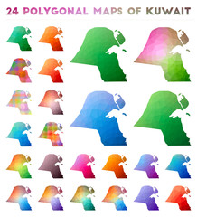 Set of vector polygonal maps of Kuwait. Bright gradient map of country in low poly style. Multicolored Kuwait map in geometric style for your infographics.