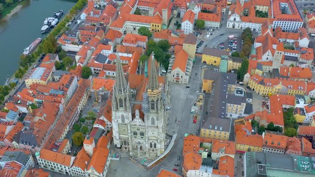 Regensburg skyline aerial view from above drone video in 4jk.