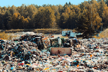 Garbage pile in trash landfill. Dump in autumn forest