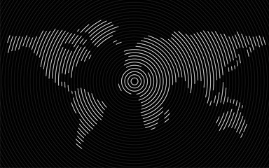 Abstract world map of radial lines, geography background, halftone concept, vector