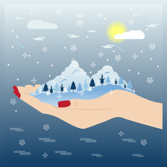 Winter mountain on hand illustration