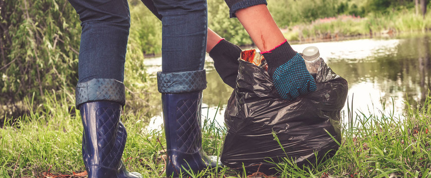 Recycle Waste Litter Rubbish Garbage Trash Junk Clean Training. Nature Cleaning, Volunteer Ecology Green Concept. Young Woman Pick Up Spring Forest At Sunset . Environment Plastic Pollution