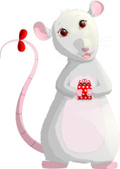 Christmas white metal Rat symbol Happy New Year 2020. Cute mouse holding a red gift with a ribbon. Funny animal in the Chinese zodiac. Vector illustration.	