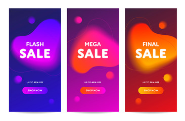 Vector neon color liquid vertical sale banner template set. Abstract colorful shape on flash, mega and final sale flyer layout. Design special offer illustration for poster, leaflet, voucher, card.
