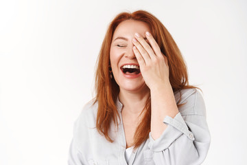 Happiness, aging, beauty concept. Carefree good-looking redhead middle-aged woman laughing cheerful touch face close eyes giggle emotive have fun family circle enjoy retirement, white background