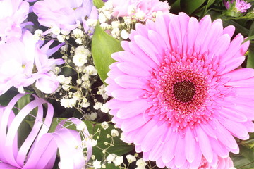 букет цветов с фиолетовой лентой.