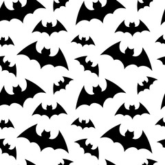 Vector pattern background with bats silhouettes for halloween design. Seammles pattern swarm of bats on the white background. Happy Halloween