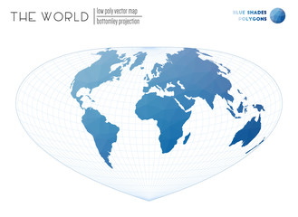 World map with vibrant triangles. Bottomley projection of the world. Blue Shades colored polygons. Modern vector illustration.