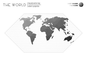 Triangular mesh of the world. Eckert I projection of the world. Grey Shades colored polygons. Beautiful vector illustration.