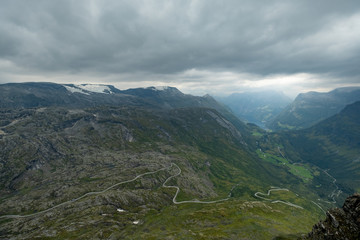 Naklejka premium Overhead view of hairpin bends on narrow Trollstigen mountain road in Norway