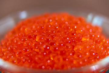 Red caviar in the glass jar close up macro