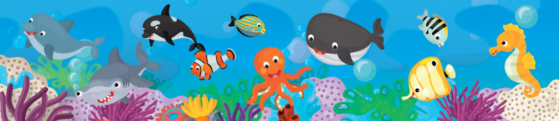 Obraz na płótnie Canvas cartoon scene with coral reef with happy and cute fish swimming - illustration for children