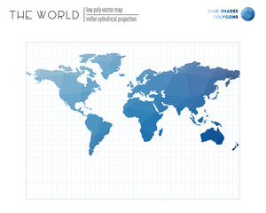 Fototapeta na wymiar Polygonal map of the world. Miller cylindrical projection of the world. Blue Shades colored polygons. Stylish vector illustration.