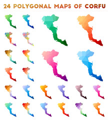 Set of vector polygonal maps of Corfu. Bright gradient map of island in low poly style. Multicolored Corfu map in geometric style for your infographics.