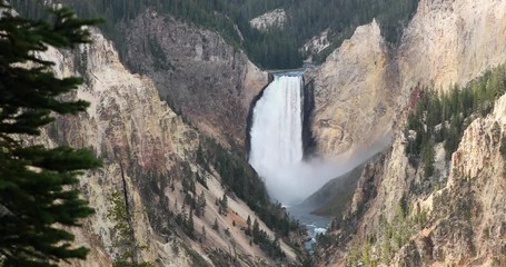 Yellowstone Lower Falls river grand canyon. Upper and Lower falls. National Park in Wyoming geothermal ecosystem environment. Biology, geography and ecology. Millions of tourist and visitors.