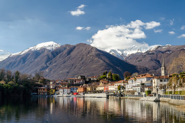 Fototapeta na wymiar view of a small village at Lake maggiore, view of morbegno a small village at lake maggiore, italy.
