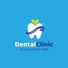 Dental clinic dentistry logo design with white teeth apple, toothbrush and leaf illustration