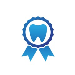 Dental clinic dentistry logo design with blue teeth and award seal emblem badge illustration